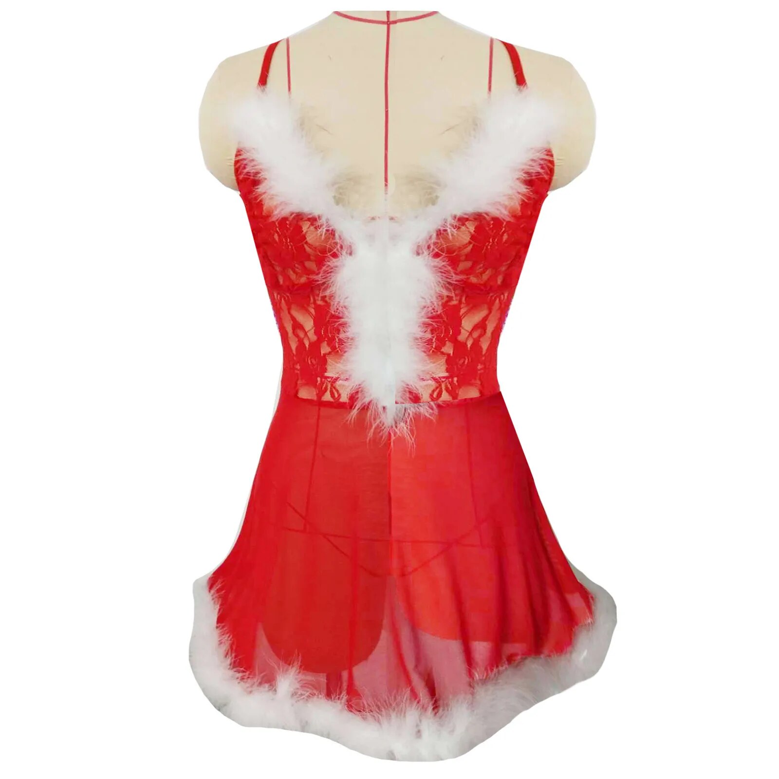Plus Size Women Sexy Santa Lingerie Faux Fur Christmas Babydolls Feather Night Dress Lace-up Sleepwear Erotic Baby Dolls Pajamas