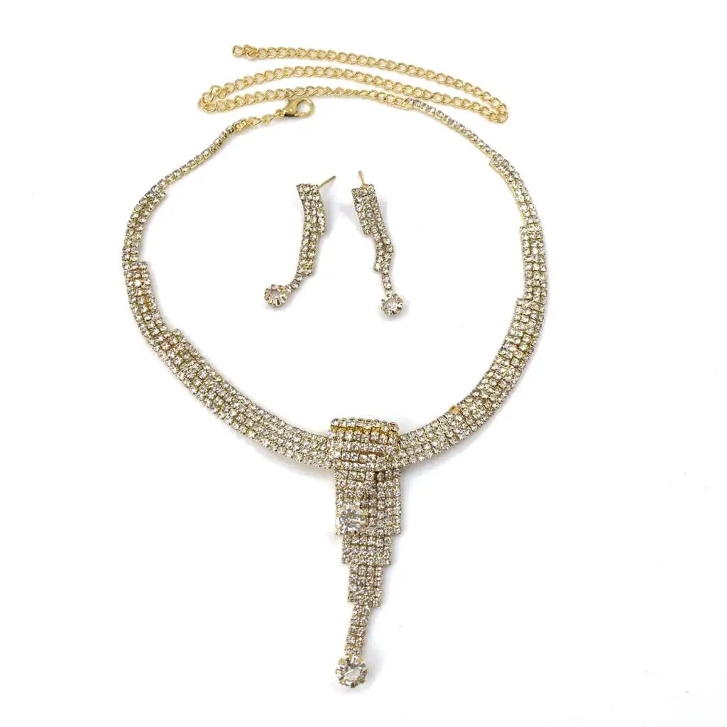 Dubai Gold Color  Jewelry Sets Nigerian Wedding African Beads Crystal Bridal Long Drop Rhinestone Ethiopian Jewelry parure