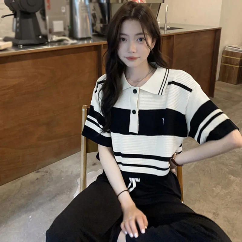 High Waist Ladies Striped Tops Embroidery Short Ice Silk Tees Short Sleeves Fashion Temperament Turn Down Collar T-Shirts