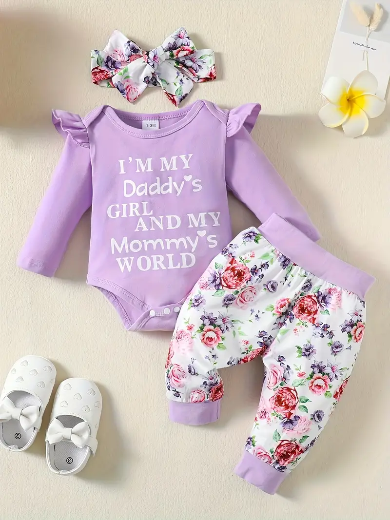 infant baby comfy cute outfit letter graphic romper floral print pants headband set details 42