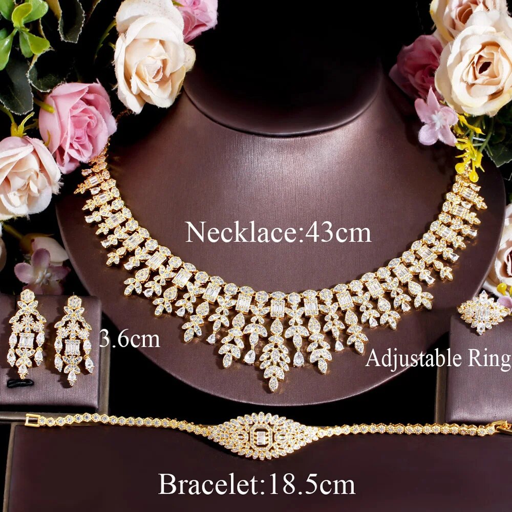 ThreeGraces 4PCS Sparkling Cubic Zirconia Gold Color Luxury Dubai Nigerian Bridal Wedding Party Jewelry Set for Women TZ869