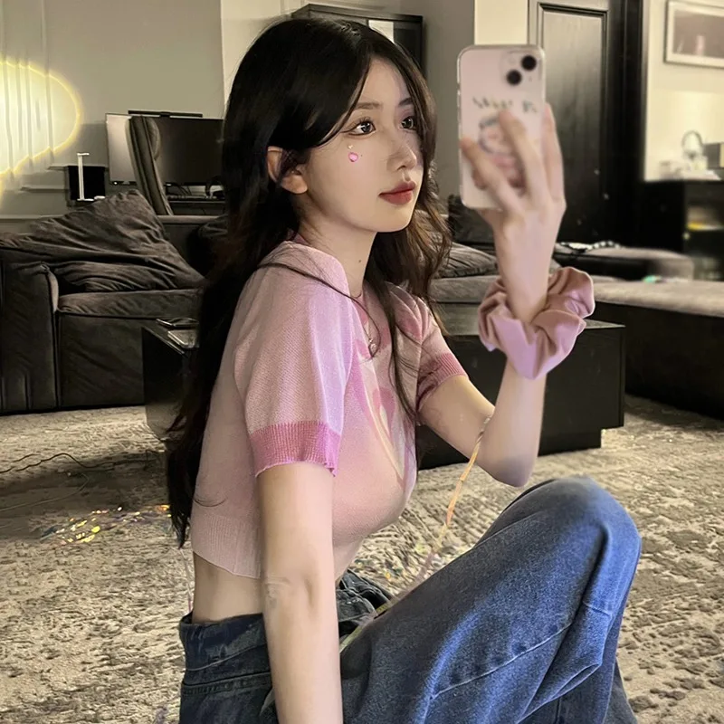 Sweet Women's T-Shirt Retro Short Sleeve Jacquard Love Breathable Slim Fit Knitted Crop Tops Casual Spring Summer Versatile