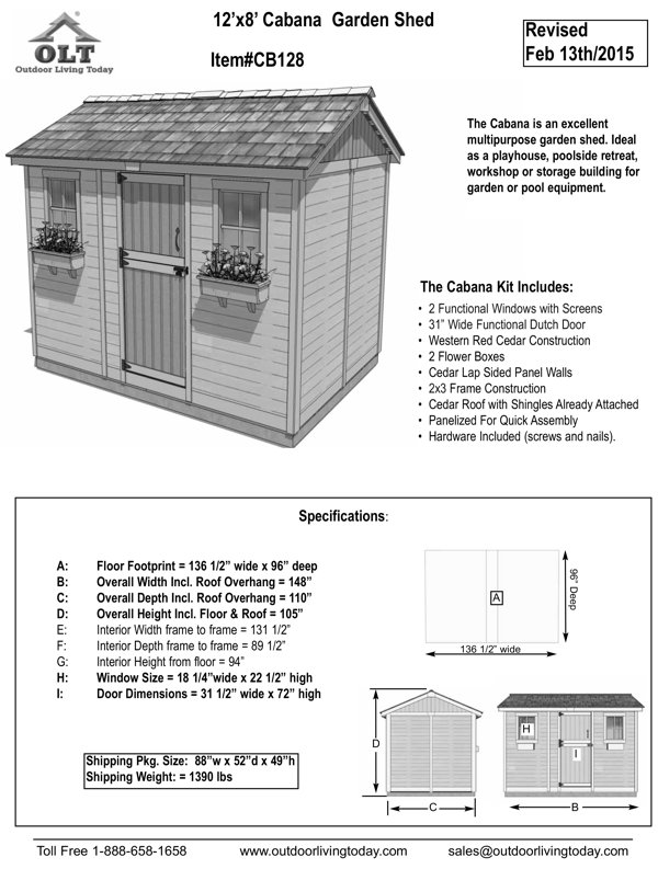 12 ft. W x 8 ft. D Cabana Cedar Wood Garden Shed