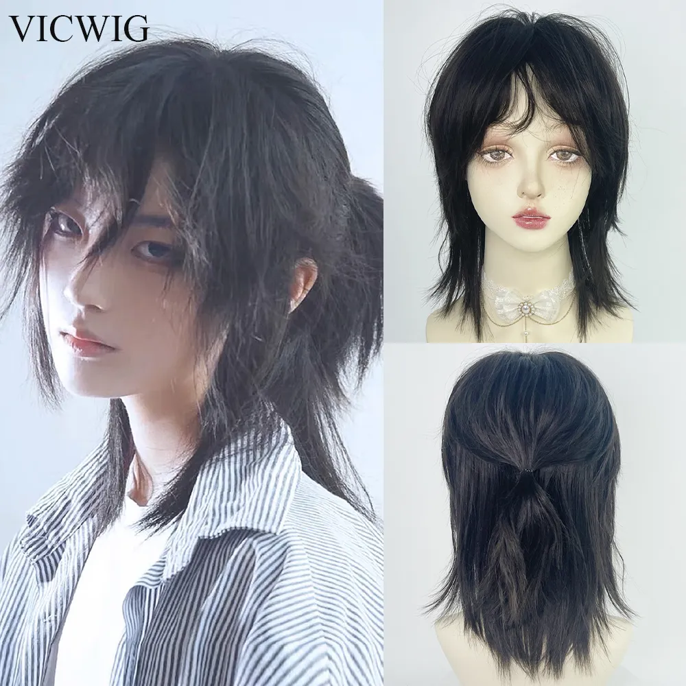 VICWIG Mullet Head Wig Short Synthetic Straight Black Fluffy Natural Wolf Tail Hair Men and Women Wig for Daily Party Cosplay