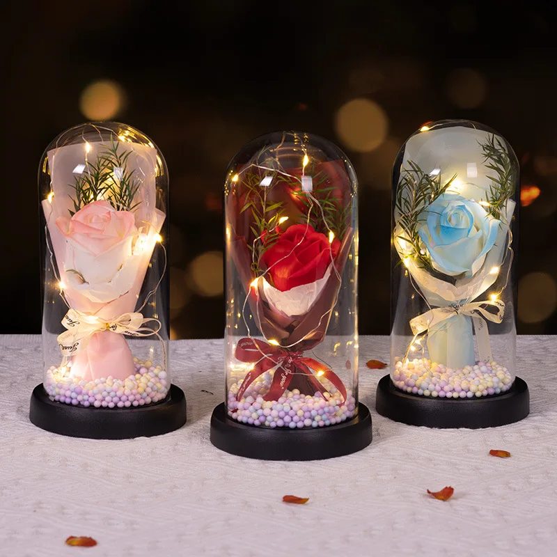 Glass cover soap rose carnation bouquet, Artificial flowers for home decoration, Valentine's Day gifts on Teacher's Day