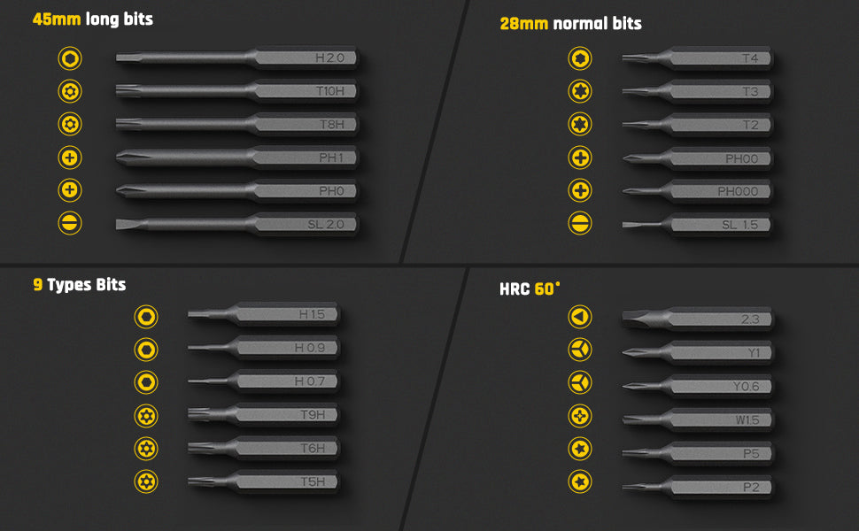 What You Get: 1x Mini Electric Screwdriver, 1x Storage Case, 24x Precision Bits (PH1, 0, 000, 00; SL2, 1.5; T8H; T10H; T5H; T6H; T9H; H2, 0.7, 0.9, 1.5; T2, 3, 4; P2, 5; W1.5; Y0.6, 1; 2.3), 1x USB Type-C Charging Cable, 1x User Manual