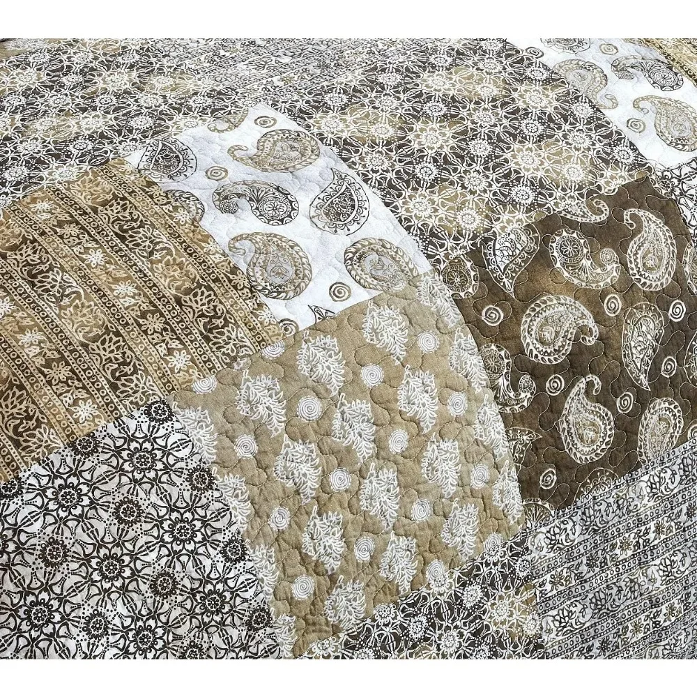 Duvet cover set bohemian cotton patchwork - Moroccan dream bedspread, durable and reversible, olive and brown filigree design