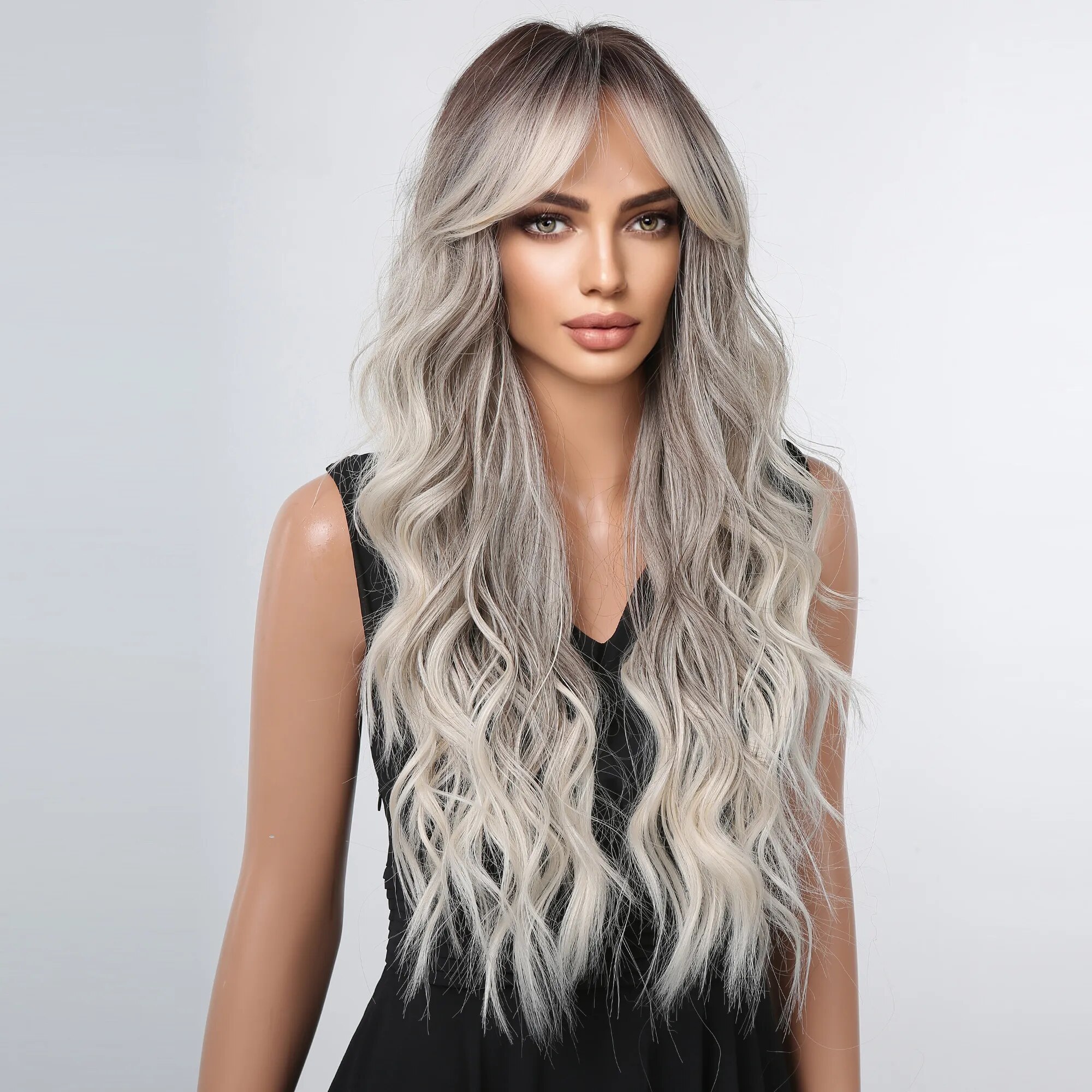Black Ombre Blonde Platinum Wave Synthetic Wigs Long Grey Ash Hair Wigs for Women Daily Cosplay Party Heat Resistant Wig