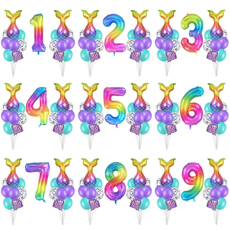 17Pcs/Set Mermaid Theme Party Rainbow Digital Foil Balloons Combination Baby Shower Birthday Party Decoration Balloon