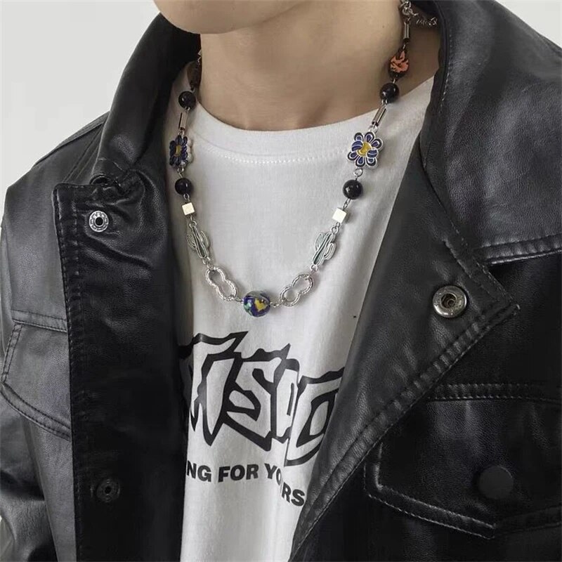 Personality fashion cactus Planet necklace for men and women niche design hip hop titanium steel long sweater chain choker