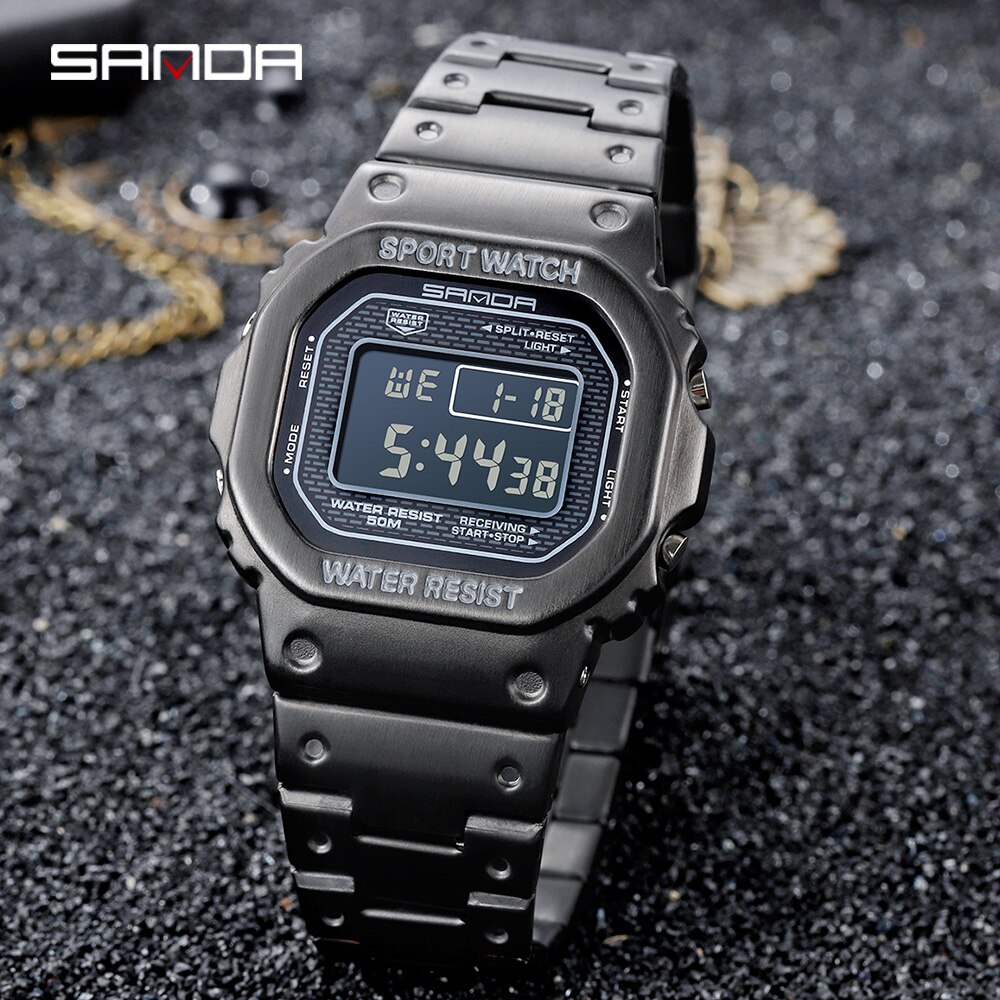 SANDA Top Brand Luxury Men's Watches LED Digital Watch Men 5ATM Casual Waterproof Wristwatch Steel Clock Relogio Masculino 390