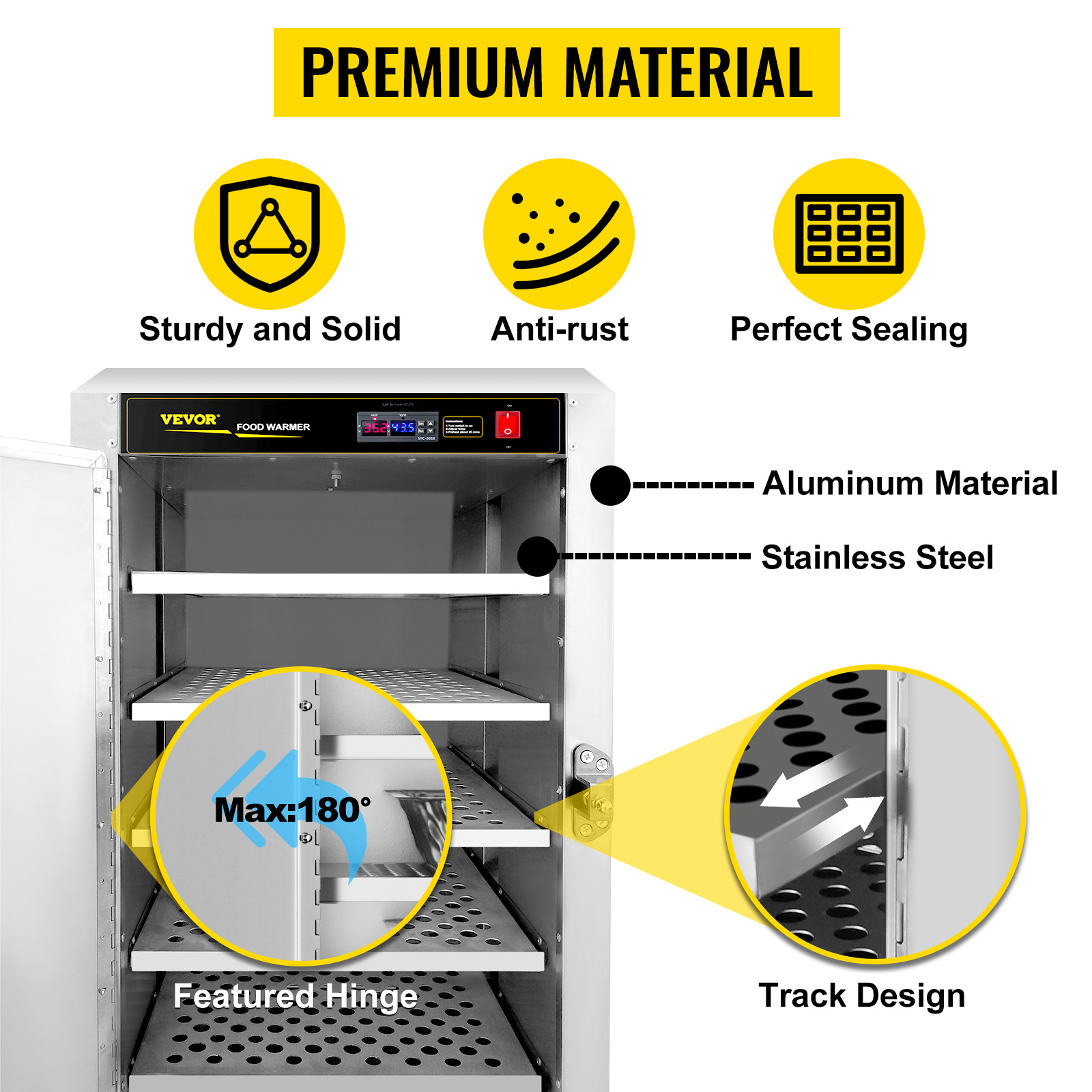 VEVOR hot box food warmer made of sturdy aluminum and stainless steel, featuring 180° hinge and track design.