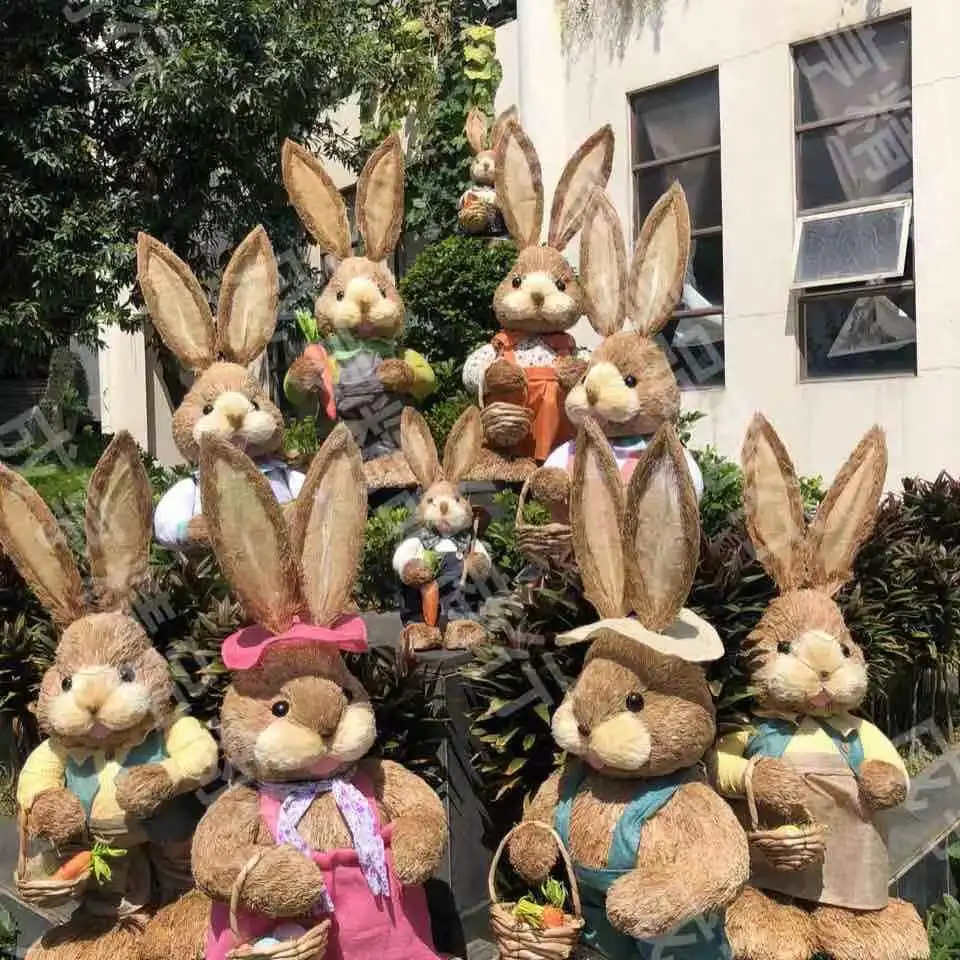 4PCS  Year Easter Straw Easter Rabbit Decoration with Clothes Happy Easter Home Garden Wedding Ornament Photo Props Crafts Bunny