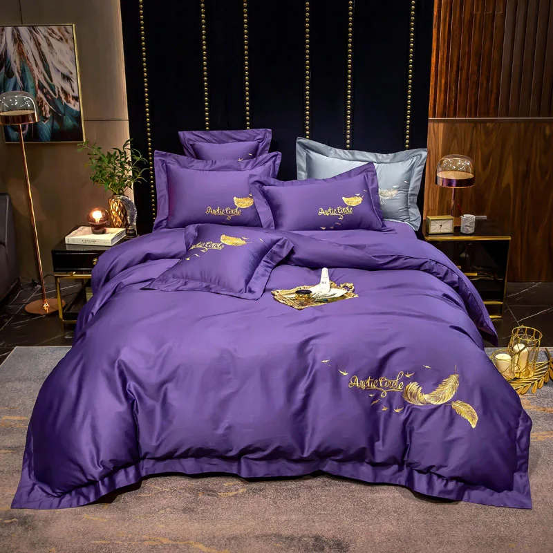 2021 Four-piece bedding simple cotton double household bed sheet quilt cover embroidered twill comfortable bedding purple color