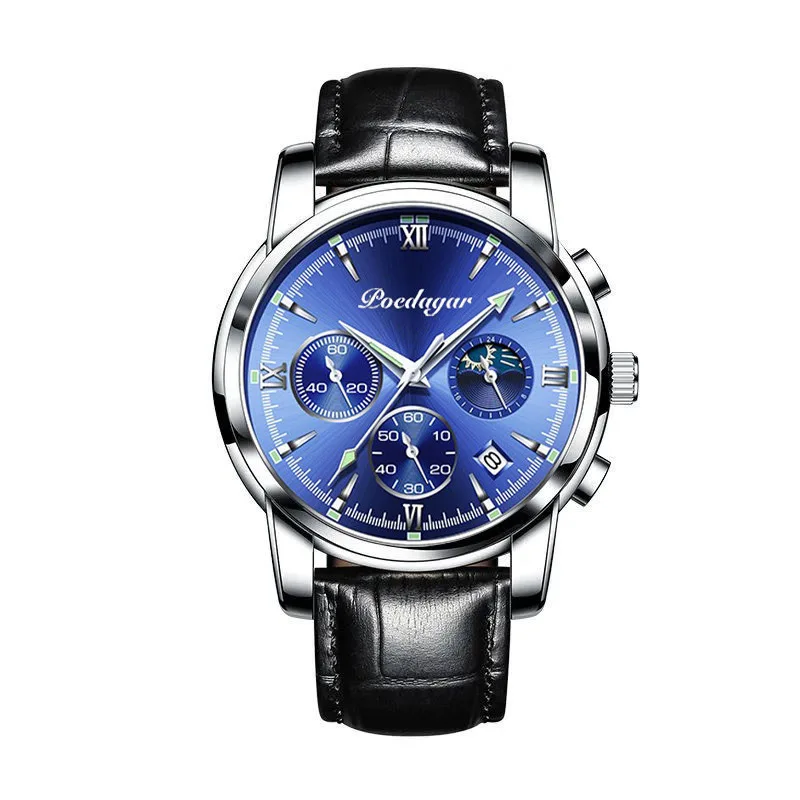 POEDAGAR 2021 Fashion Casual Mens Watches Top Brand Luxury Leather Blue Clock Male Sport Wristwatch Waterproof Quartz Watch