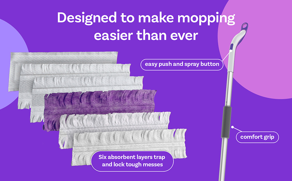 Designed to make mopping easier than ever. Easy push and spray button. Comfort grip. 6 layers.