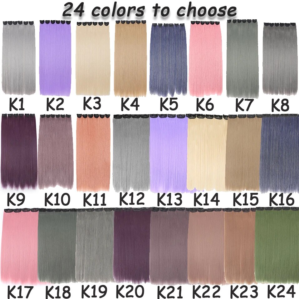 Benehair Synthetic 24inch Colored Long Straight Chip In Hair Extensions Highlight Rainbow Hair Clips Grey Blue Purple Hairpieces