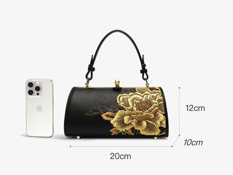 Embroidery Leather Chain Barrel Bag Royal Gold Peony Luxury Handbag