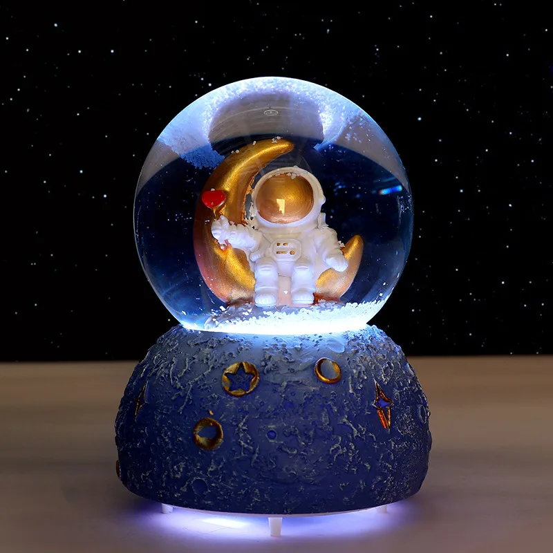 Creative Astronauts Snow Globe Luminous Crystal Ball Music Box Glass Ball Desk Ornaments Office Home Decor Kids Christmas Gifts