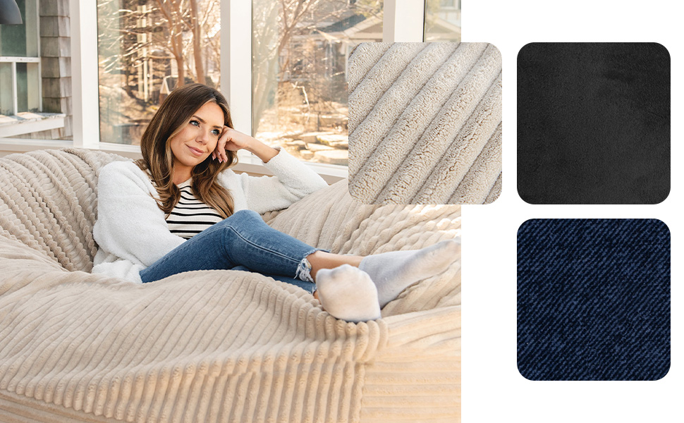 Woman sitting on bean bag chair, smiling. 3 swatches of fabric