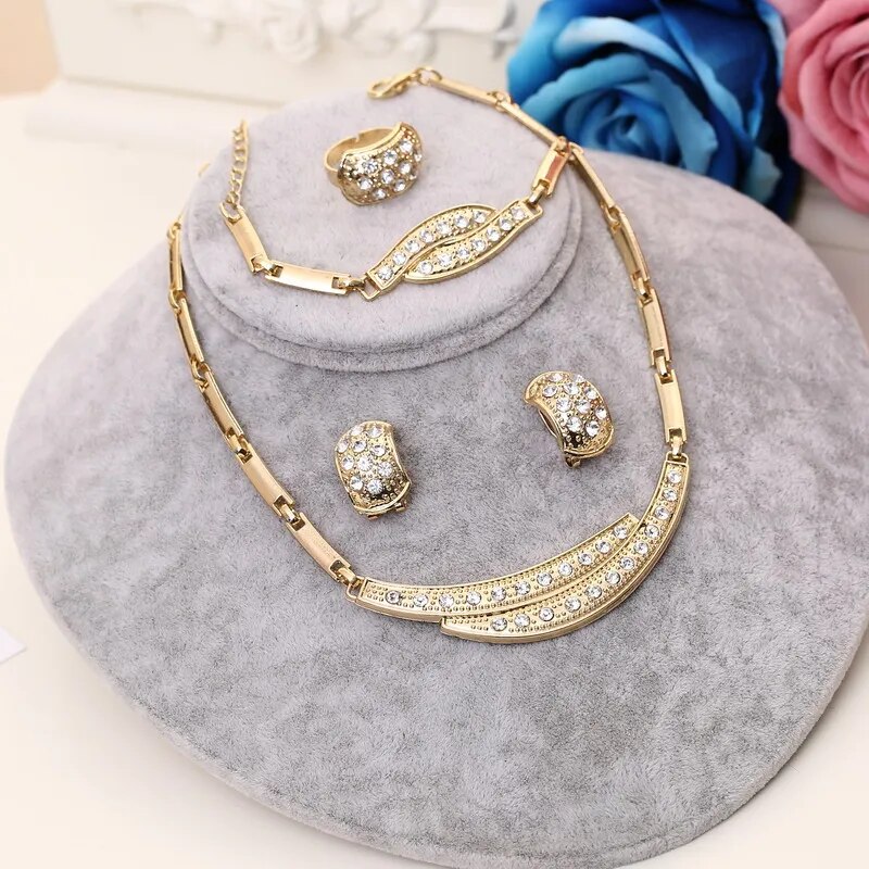 Dubai Gold Plated Jewelry Sets Nigerian Wedding African Beads Crystal Bridal Jewellery Set Rhinestone Ethiopian Jewelry parure