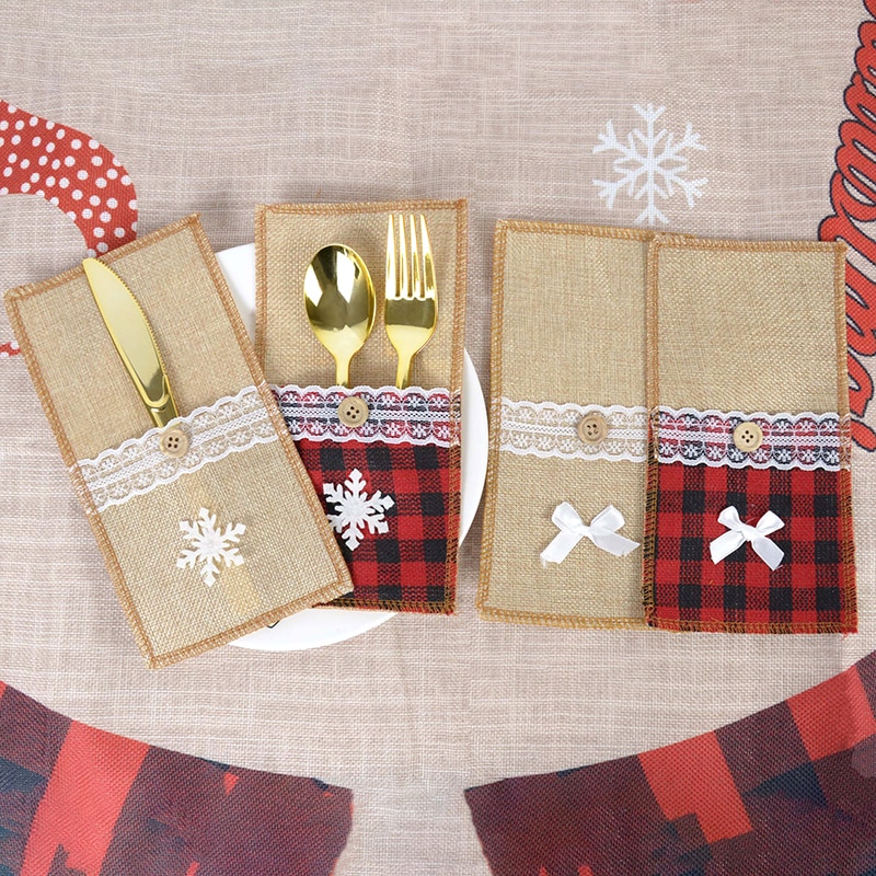 1/2pcs Christmas Fork Knife Cutlery Holder Bag Plaid Linen Pocket Christmas Decor Tableware Cutlery Holder Set Xma Table Decor