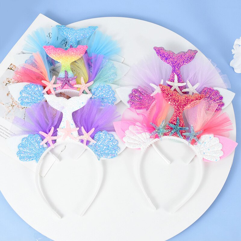 Little Mermaid Party Crown Headband Starfish Shell Mermaid Tail Hat Photo Props for Girl 1st Birthday Party Mermaid Hair Band
