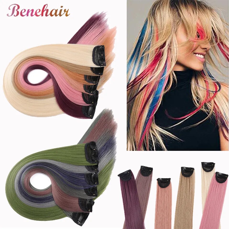 Benehair Synthetic 24inch Colored Long Straight Chip In Hair Extensions Highlight Rainbow Hair Clips Grey Blue Purple Hairpieces