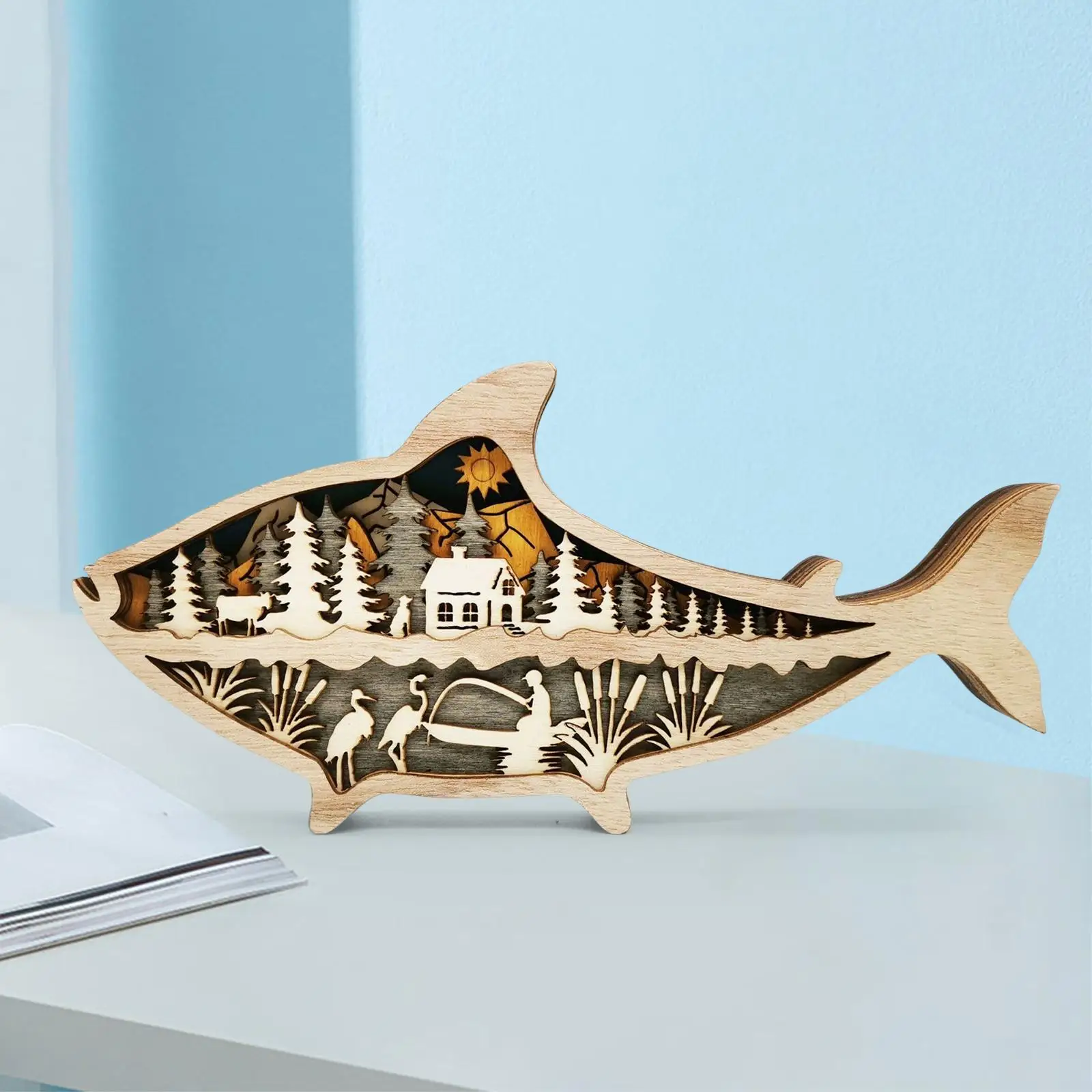 Creative Wooden Sea Creatures Decorative Statues Carved Fish DIY Marine Theme