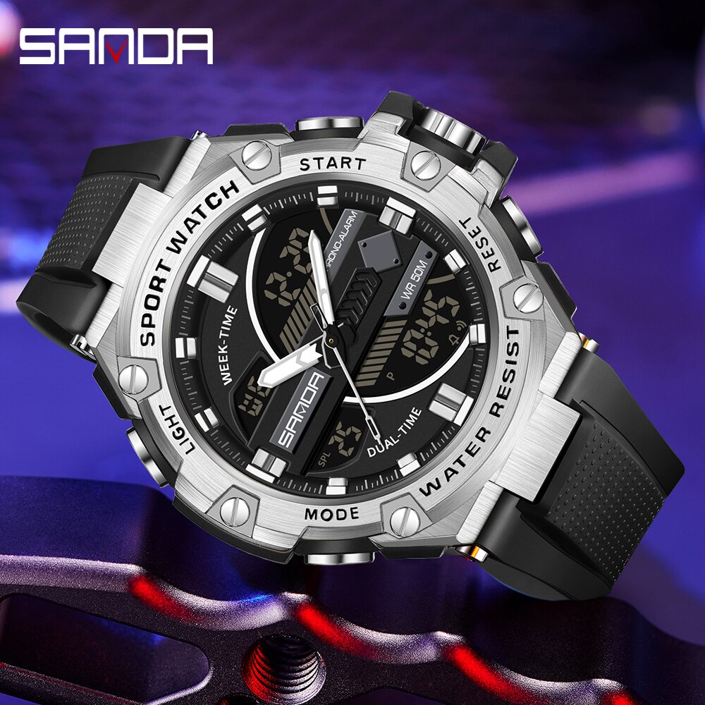SANDA Men's Watches 50M Waterproof Wristwatch LED Digital Quartz Clock Sports Military Watch for Men Relogios Masculino 3185