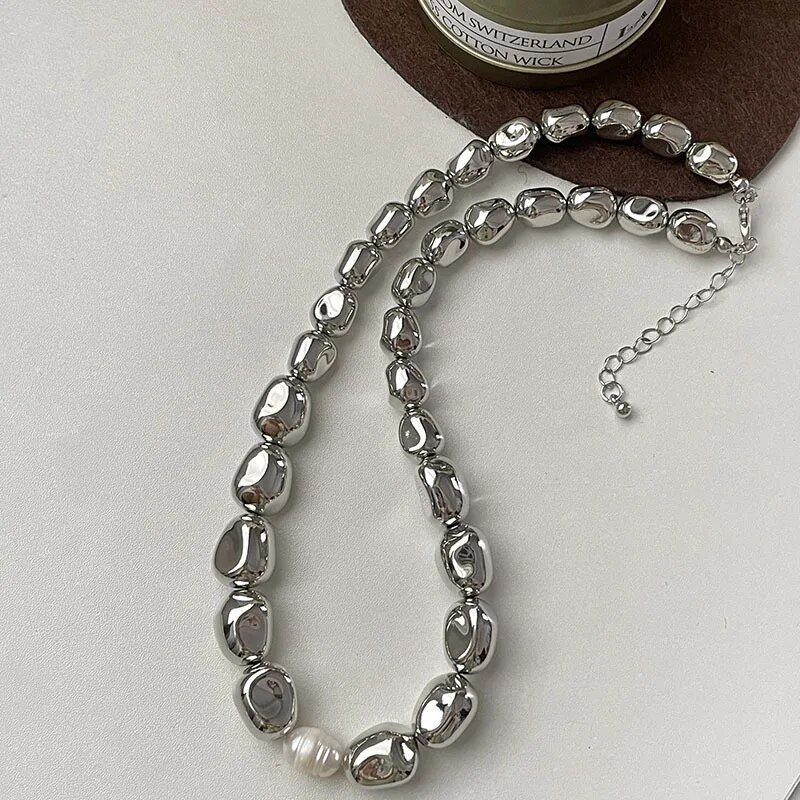 Fashion Silver Color Special-shaped Irregular Beaded Necklace Pearl Simple Temperament Collarbone Chain Hip-hop Trend