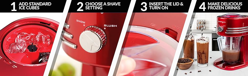 Add standard ice cubes, choose a shave setting, insert the lid and turn on