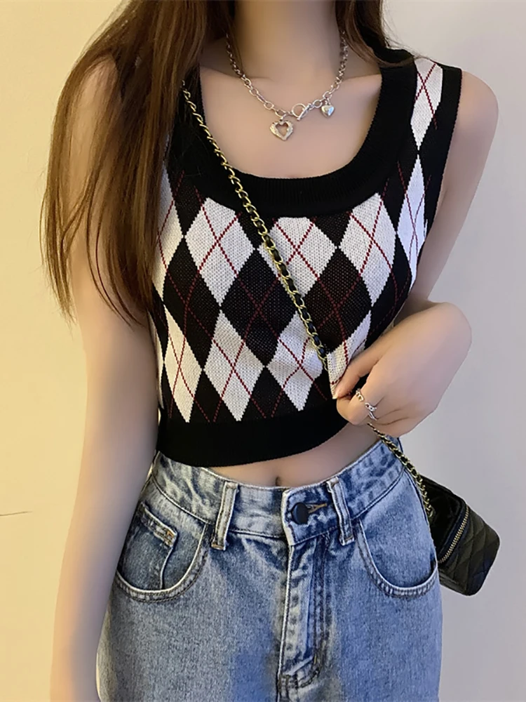 HELIAR Women Plaid Tank Tops Backless Cute Camis Female Crop Tops Knitted Tops Women Crop Tank Tops 2023 Summer