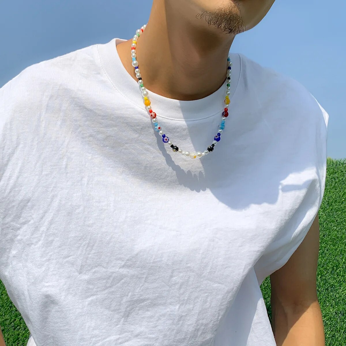Simple Hip hop Style Colorful Glass Crystal Beads Pearl Necklace Man Sunshine Boy Colored Pearl Necklace Bead Choker