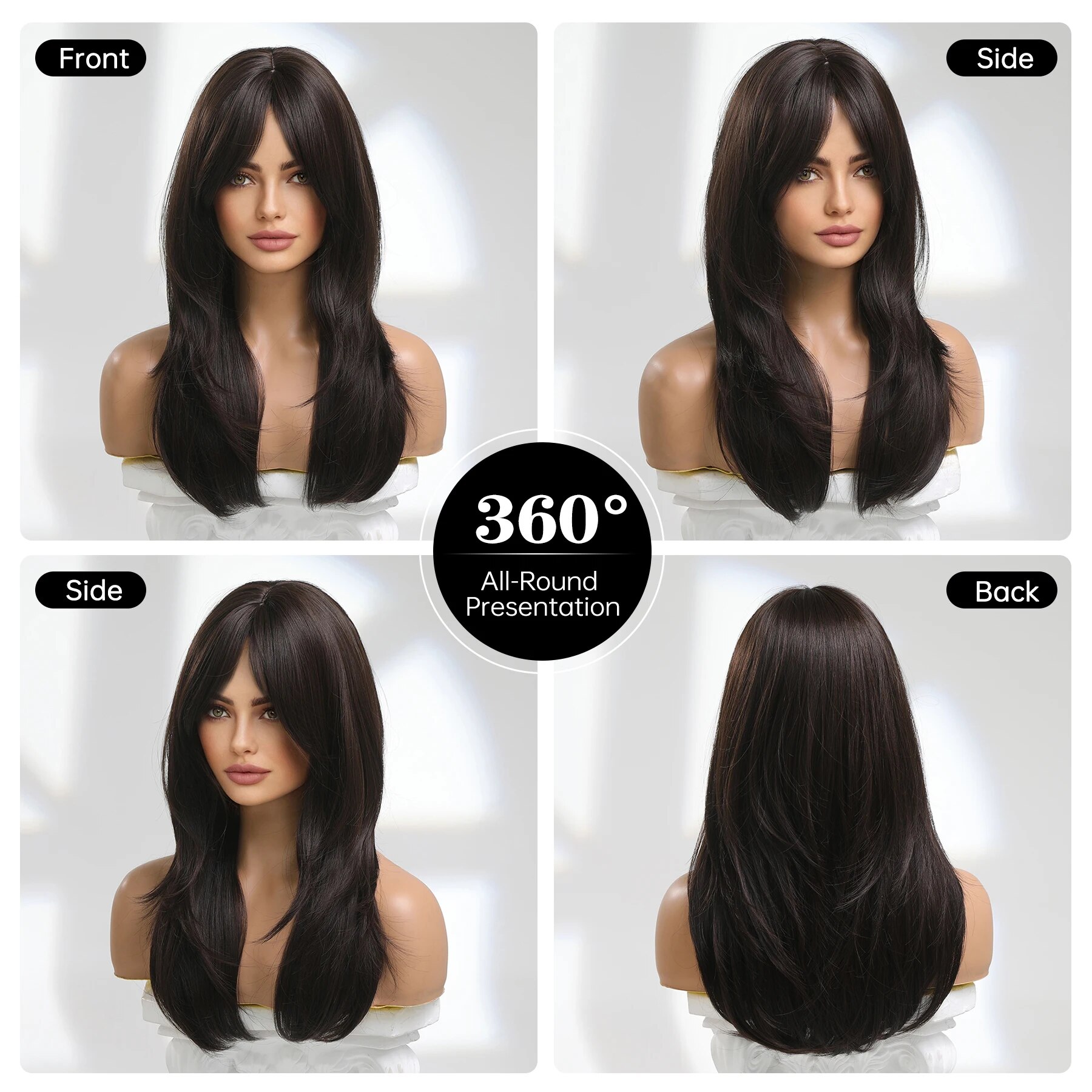 New Synthetic Long Straight Wigs Black Brown Wigs with Side Bangs Heat Resistant Lady Wigs for African American Women Hair