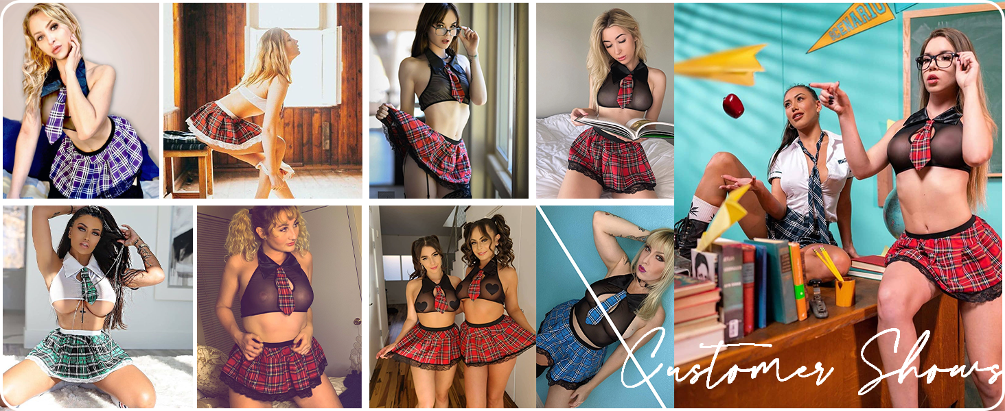 Schoolgirl Lingerie Set Costume Roleplay Uniform Sexy Sheer Halter Teddy with Tie & Mini Skirt