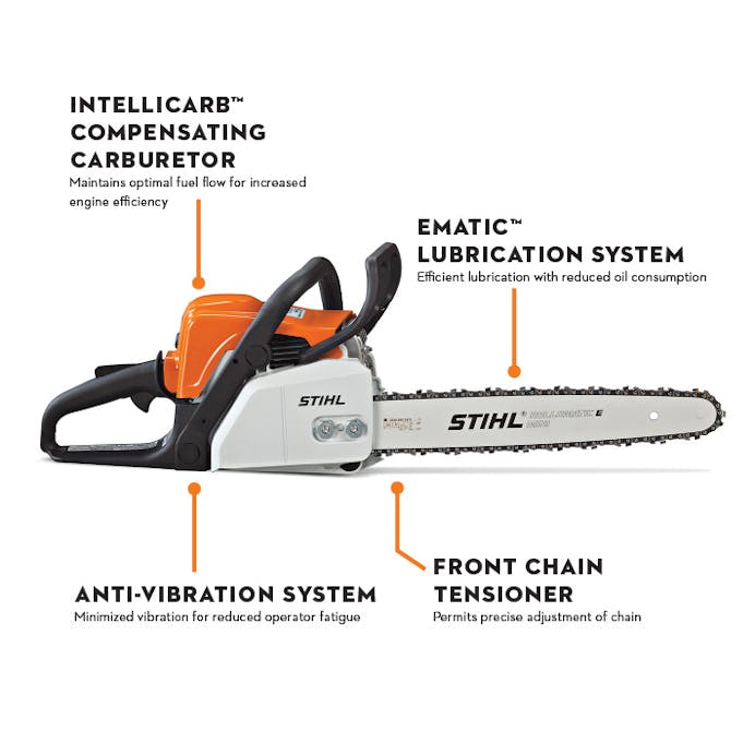 Diagram of MS 170 pointing out the Intellicarb™ Compensating Carburetor, Ematic™ Lubrication System, Anti-Vibration System, and Front Chain Tensioner