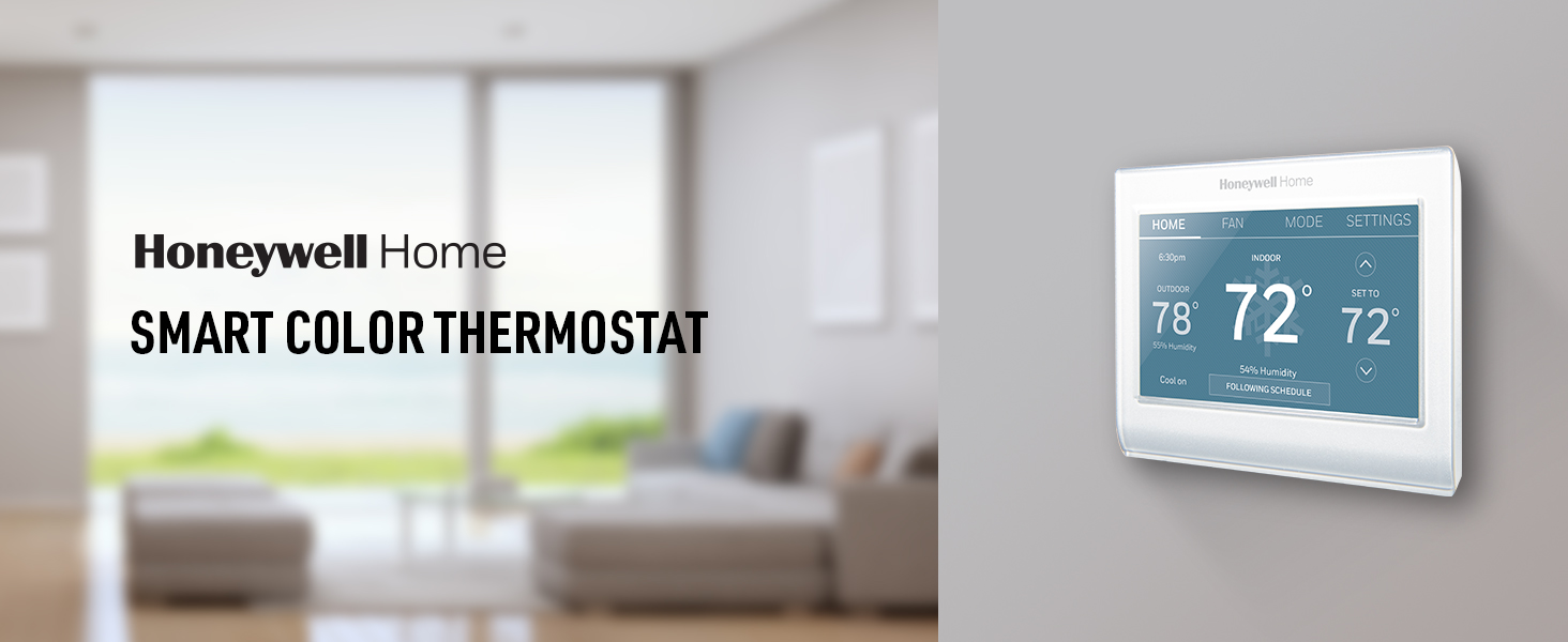 Honeywell Home Smart Color Thermostat on living room wall 