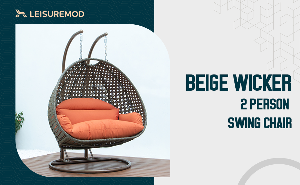 LeisureMod Beige Wicker Hanging 2 person Egg Swing Chair