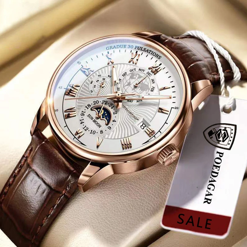 POEDAGAR Men Watch 2022 New Fashion Leather Waterproof Luminous Top Brand Luxury Mens Quartz Wristwatch Men Sport Casual Watches