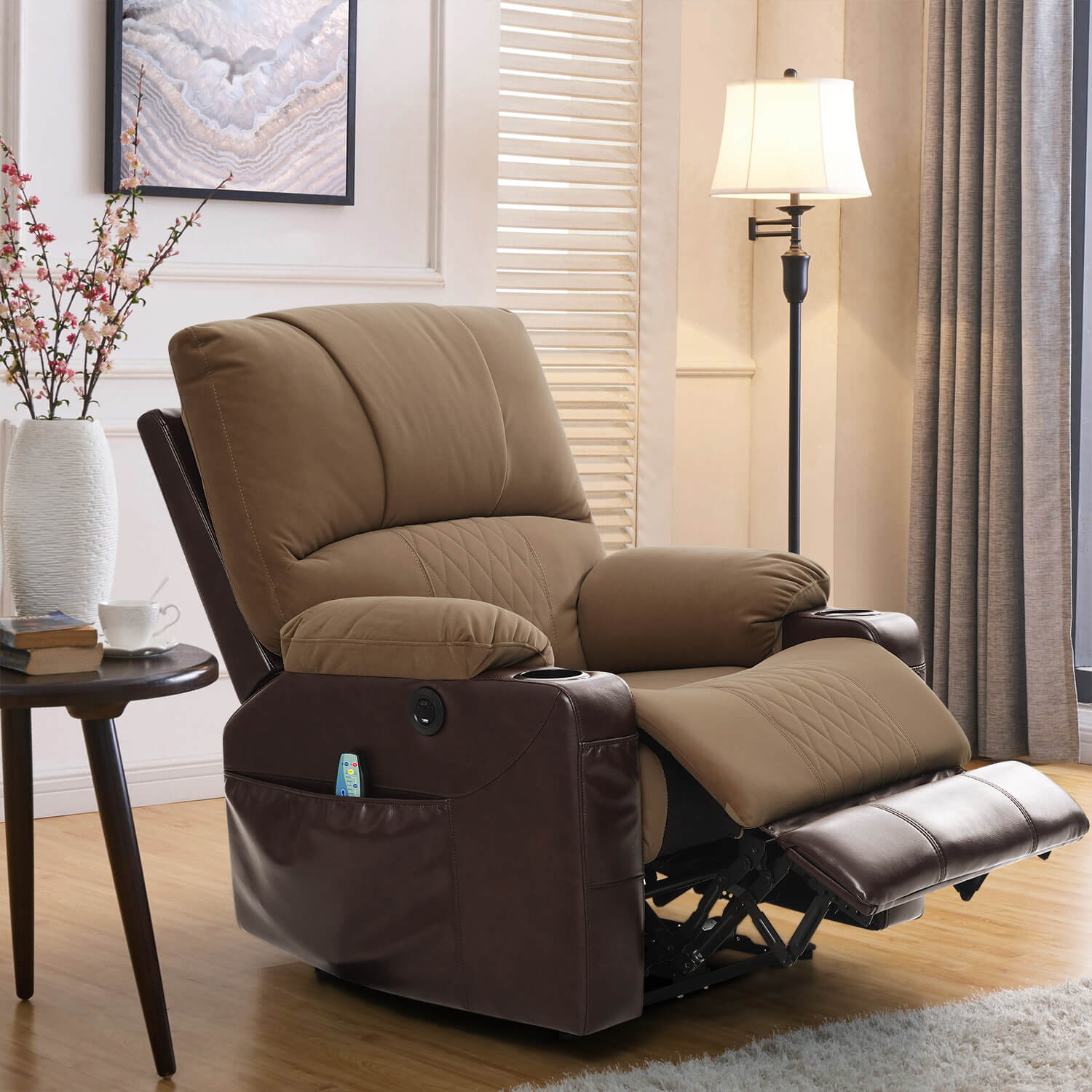 Power Recliner Chair with Heat and Massage, Wall Hugger, Fabric Light Brown