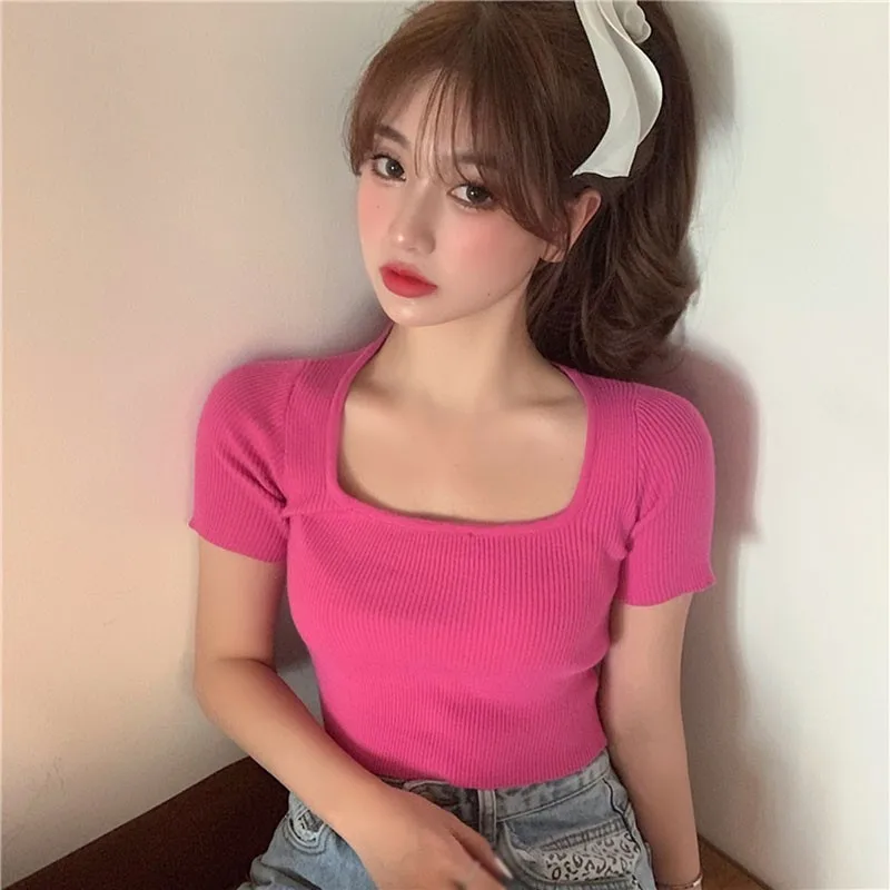 Women's Patchwork Short Sleeve Crop Tops Knitted Casual T-Shirt Woman Sweet Patchwork Short Tops