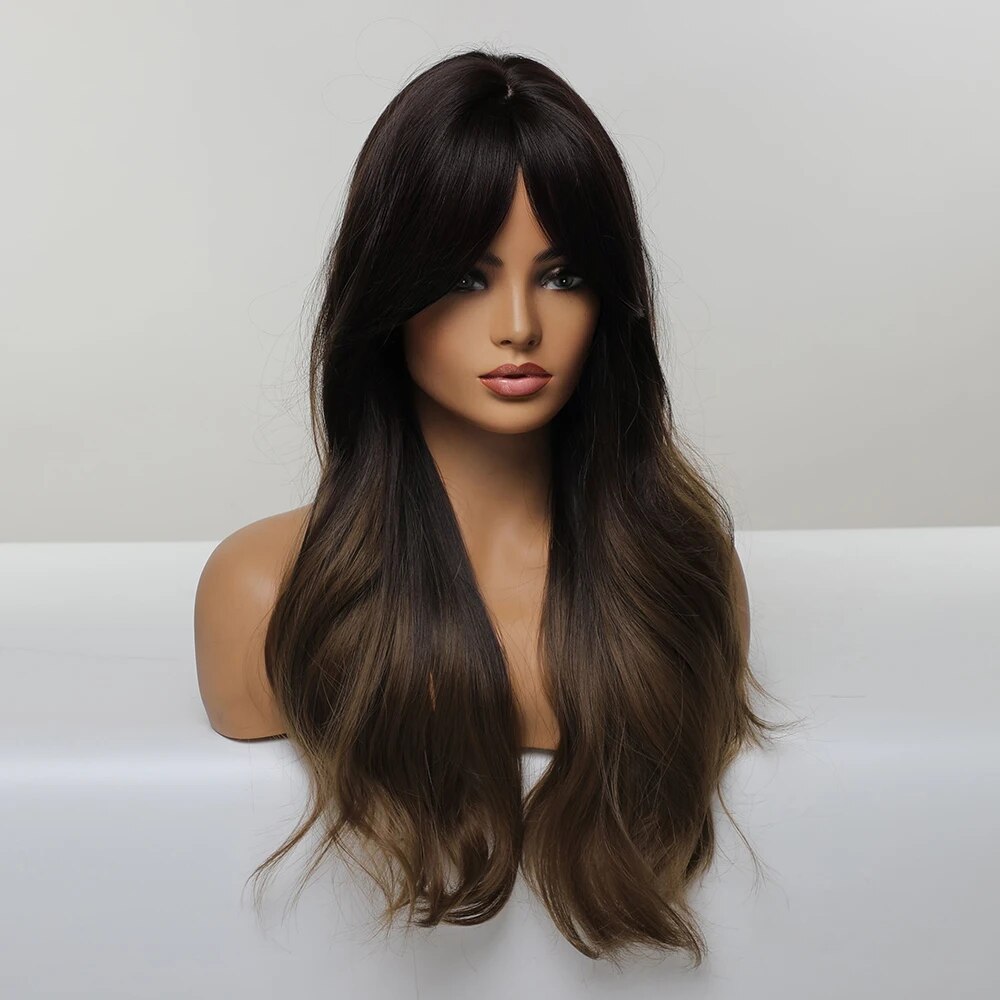 Emmor Synthetic Long Wavy Natural Ombre Brown to Dark Blonde With Bangs Wigs for Women High Temperature Fiber Body Wave Wigs