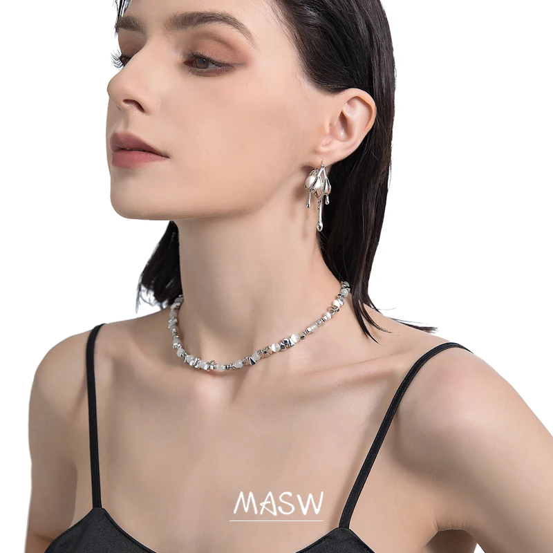 MASW Elegant Jewelry One Layer Round Pearl Necklace 2022 New Trend Irregular Metal Cat Eye Beads Necklace For Women Female Gift