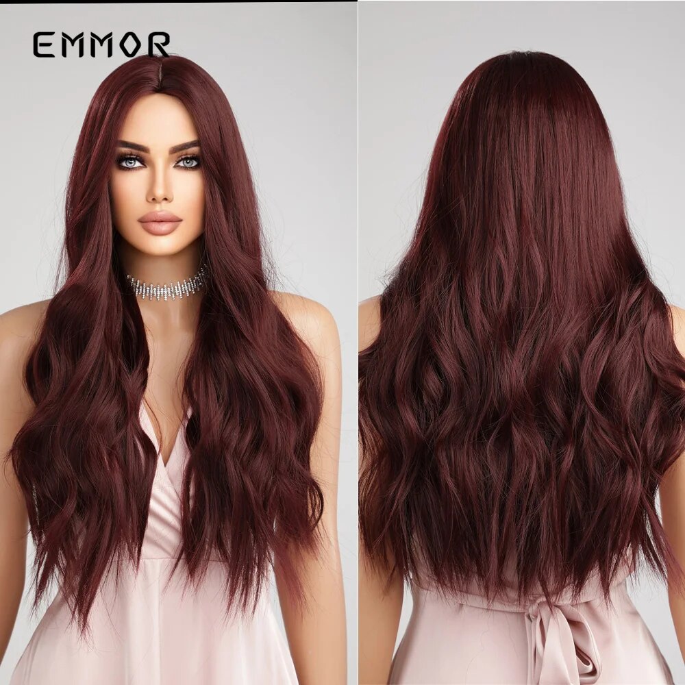 Emmor  Synthetic Red Wigs Long Wavy Wig Natural Women Wigs Cosplay Party Daily Use High Temperature Resistance Fiber Hair