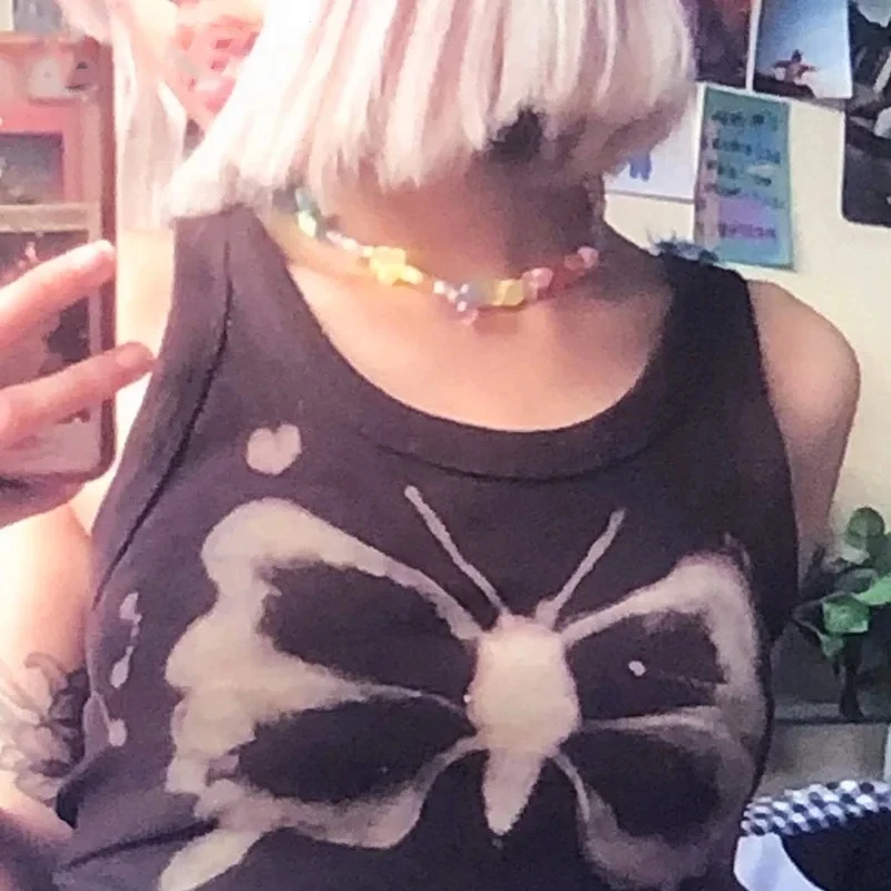 Top women Y2K Aesthetics Butterfly Print Brown Crop Tops Indie Streetwear O-neck Sleeveless Tank Tops 90s Fashion Summer Vests