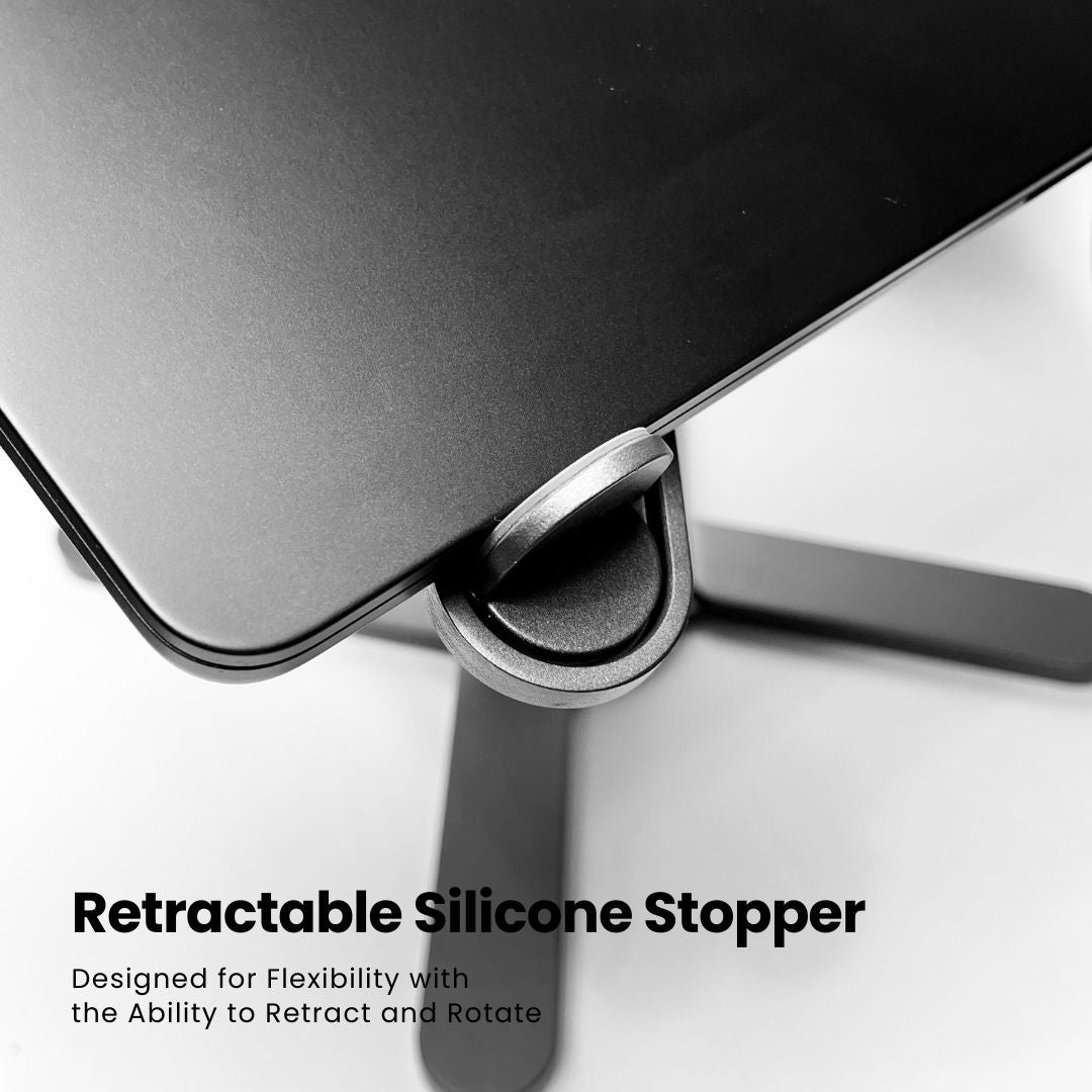 Close-up of Super Laptop Stand supporting a laptop that showcases its retractable silicone stopper feature | Cyber Vintage | Grey