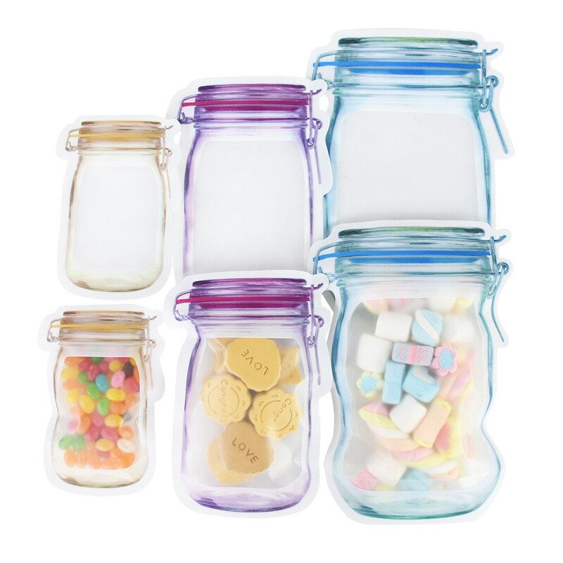 5/10pcs Reusable Mason Jar Bottles Bags Stand-Up Food Storage Snack Candy Bags Zipper Bag Portable Kitchen Organizer Sealed Bag