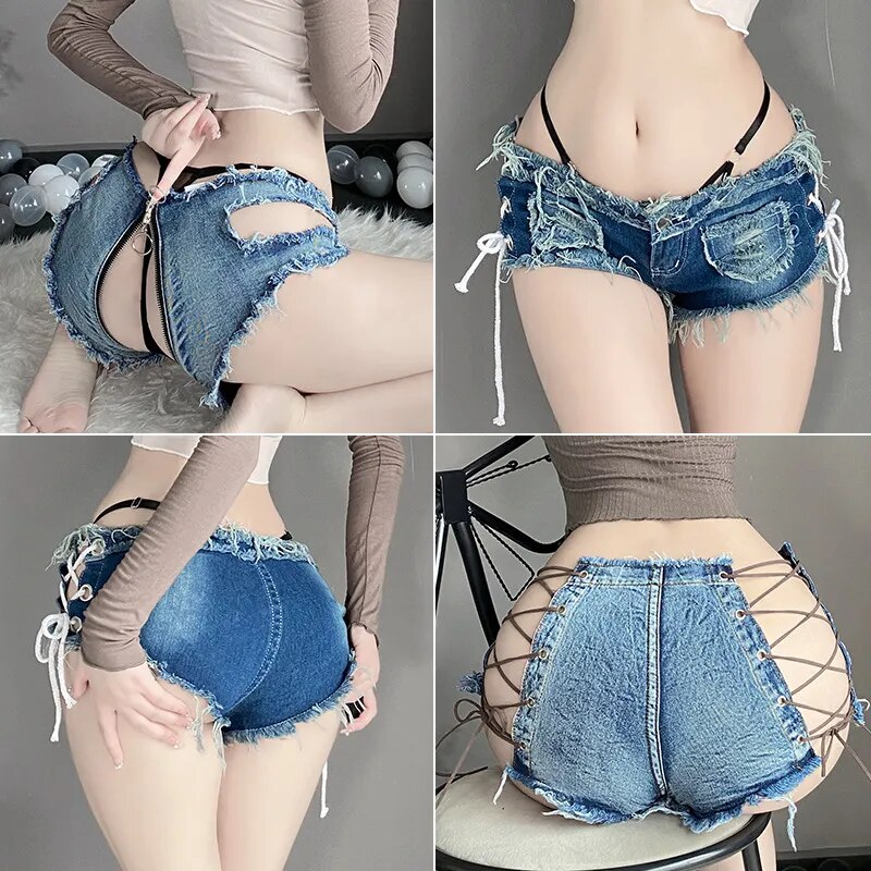 Fun Lingerie Women's Low Waist Open Cut Shorts Sexy Perforated Denim Shorts Nightclub Hot Temptation Lingerie Couple Fun