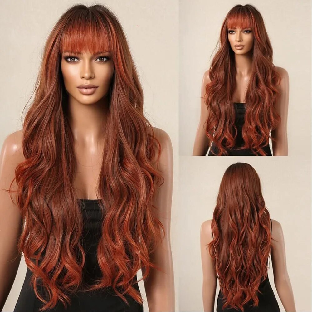HENRY MARGU Ombre Orange Red Long Body Wavy Wig Synthetic Red Brown Wigs with Bangs for Women Daily Party Use Natural Fake Hair
